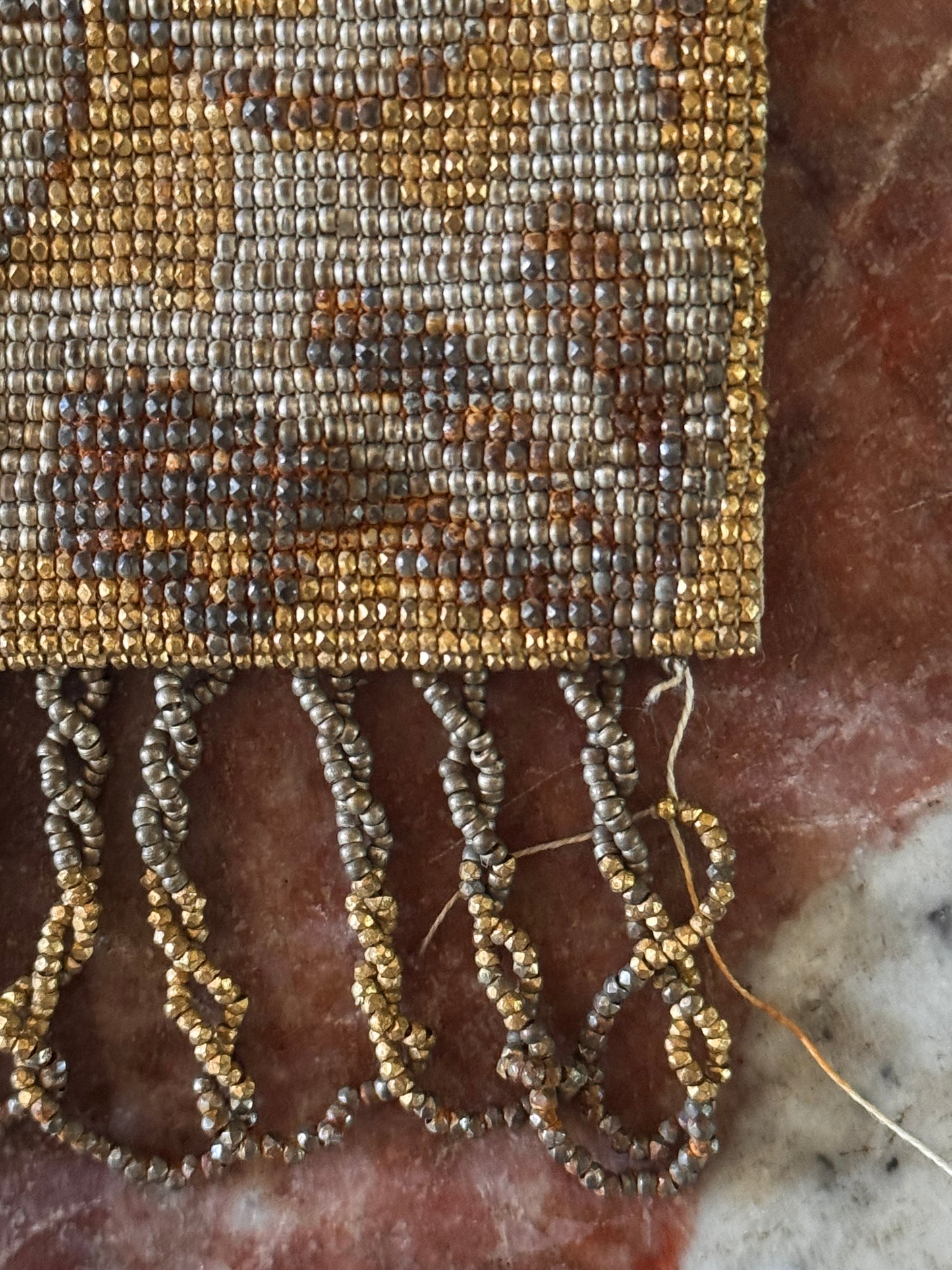 Antique Early 20th century Micro Bead Fringe Metallic Bag