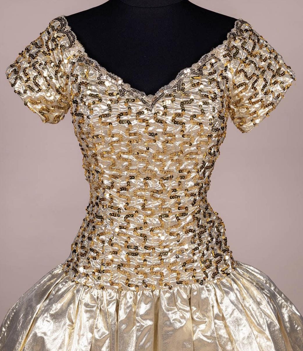 Jessica McClintock 80s Gold Lamé Dress
