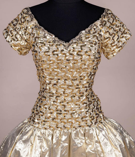 Jessica McClintock 80s Gold Lamé Dress