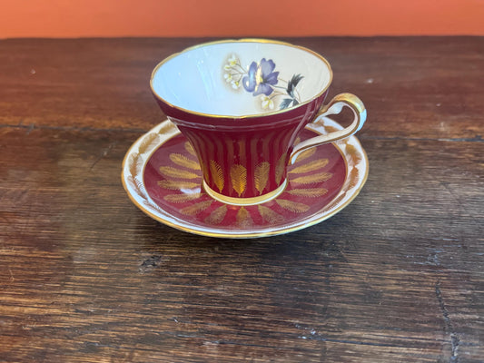 Royal Albert Burgundy Teacup & Saucer with Gold Feather Motif