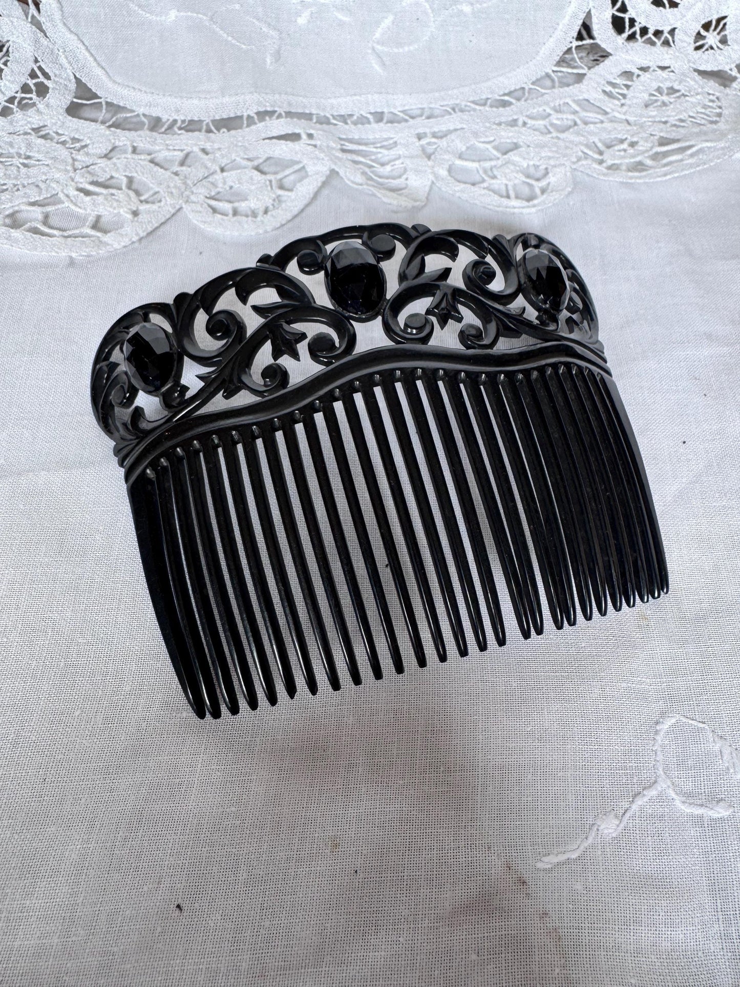 Antique 1930s Jet Celluloid Hair Comb | Openwork Scrollwork Crown