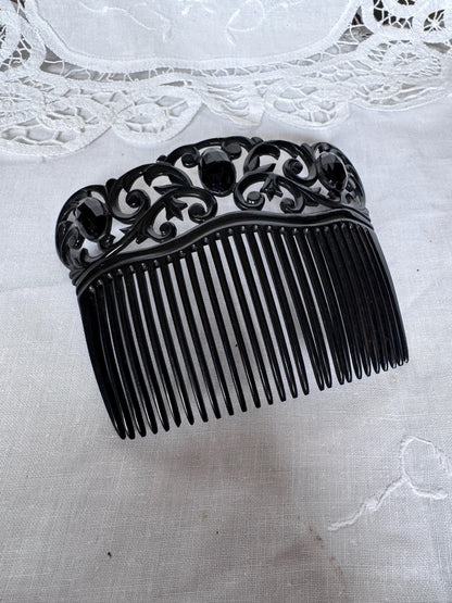 Antique 1930s Jet Celluloid Hair Comb | Openwork Scrollwork Crown