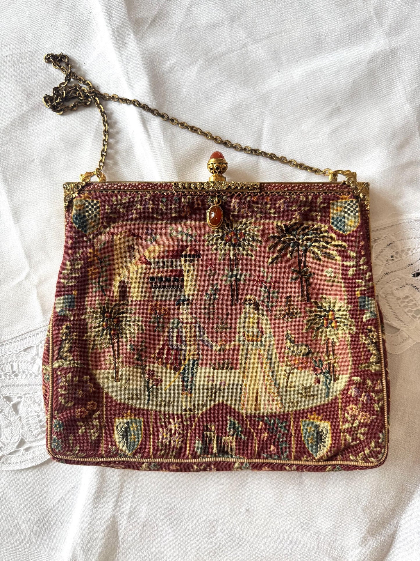 Antique French Petit Point Purse w/ Carnelian Clasp
