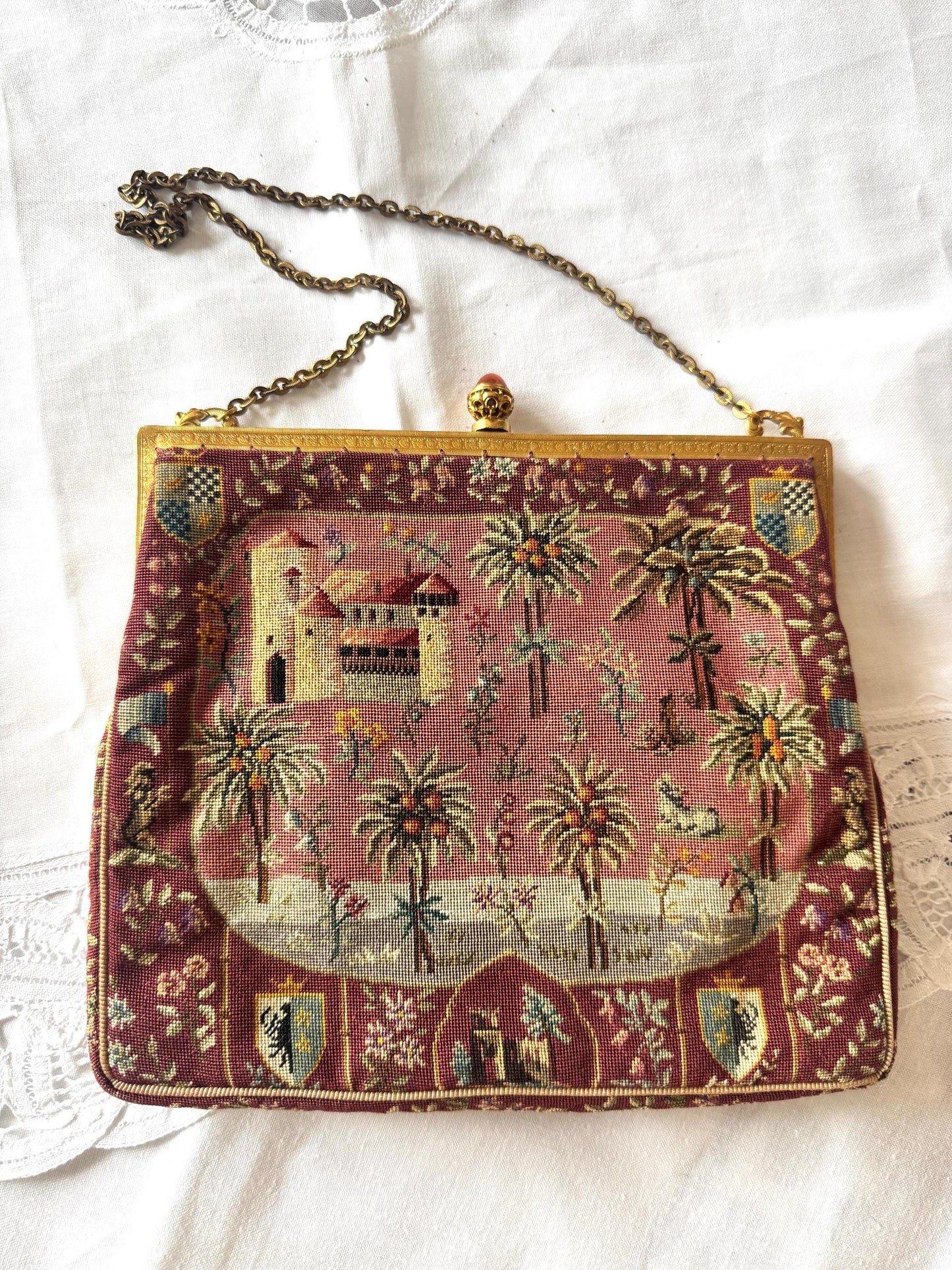 Antique French Petit Point Purse w/ Carnelian Clasp
