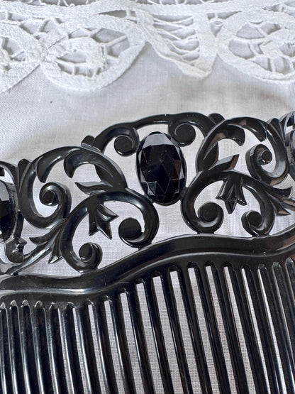 Antique 1930s Jet Celluloid Hair Comb | Openwork Scrollwork Crown