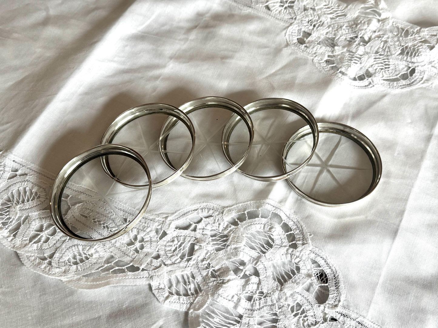 Set of 5 Sterling Silver & Cut Glass Coasters