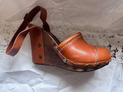 See By Chloé Y2K Wood Wedge Clogs w/ Brass Studs