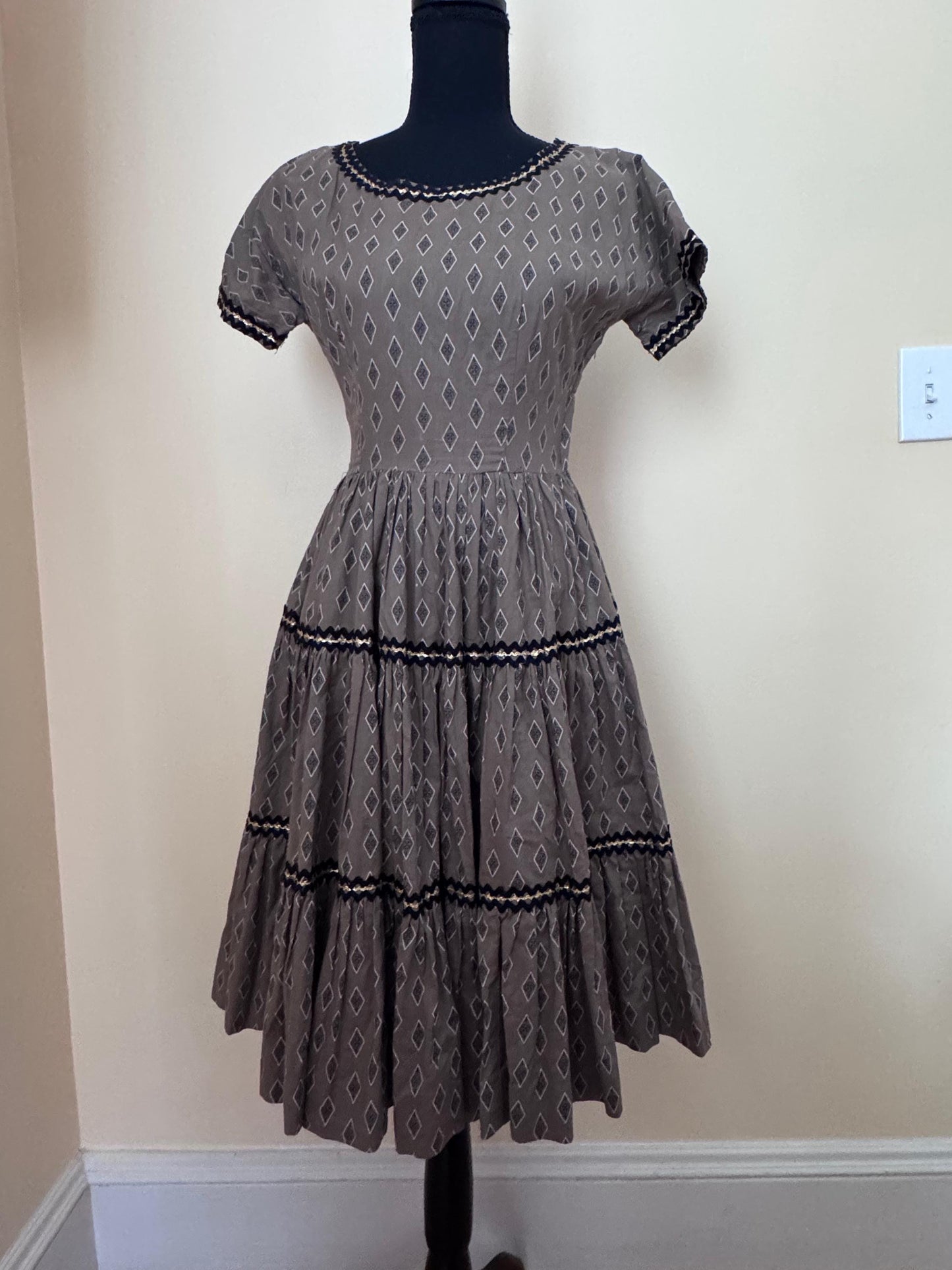 1950s Tiered Patio Dress with Black Gold Ricrac Trim