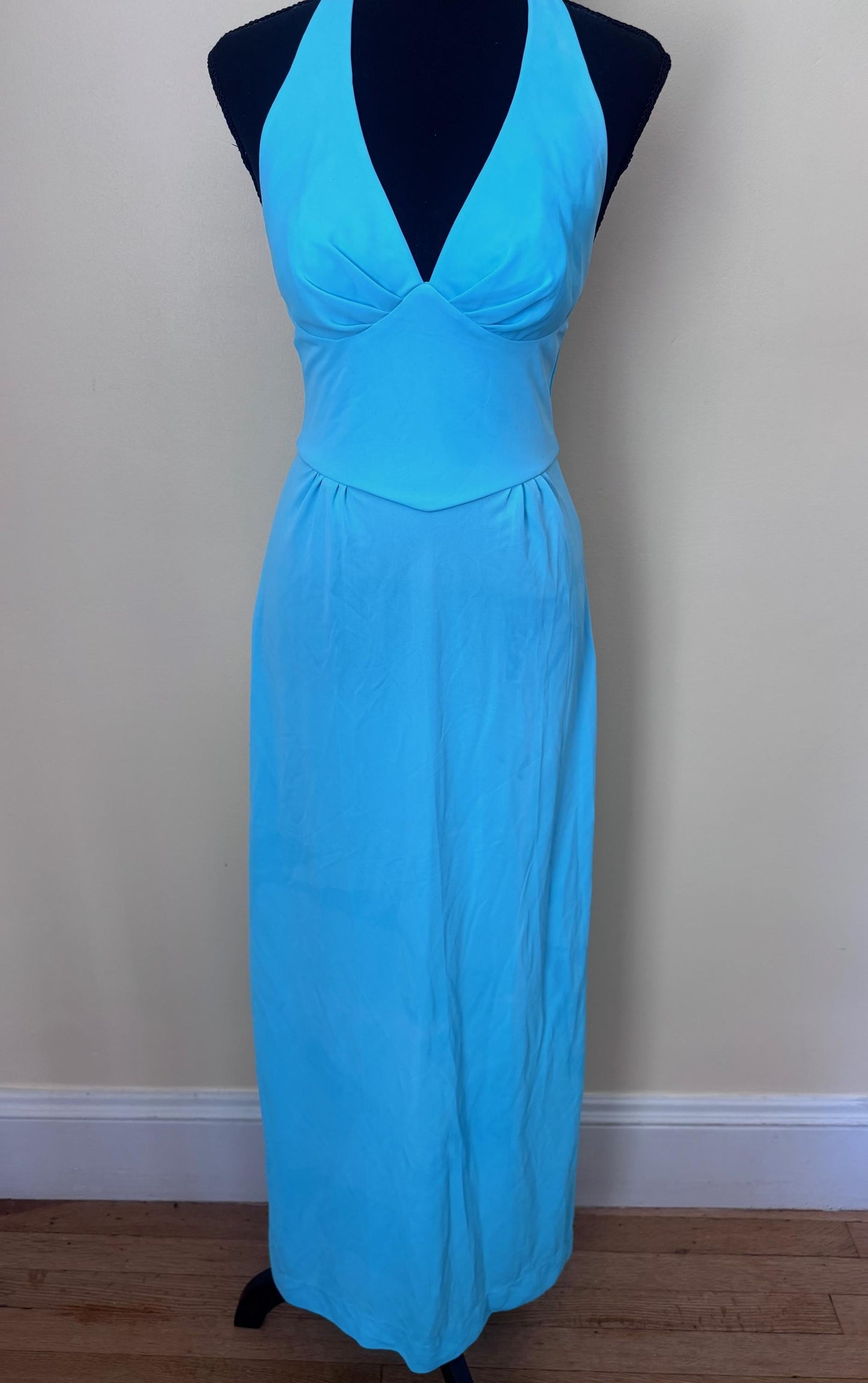 Vintage 1970s Sky Blue Halter Maxi Disco Goddess Gown