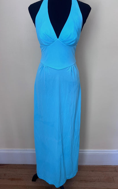 Vintage 1970s Sky Blue Halter Maxi Disco Goddess Gown