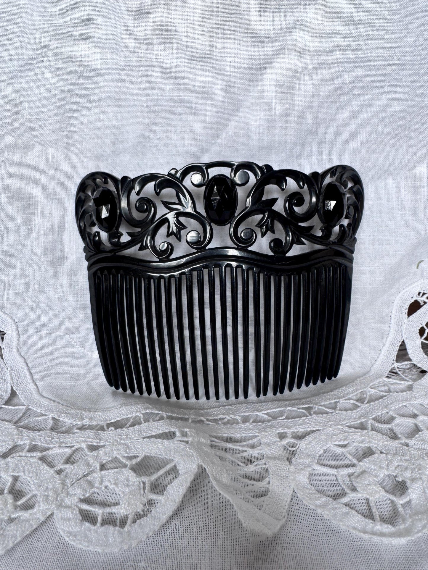 Antique 1930s Jet Celluloid Hair Comb | Openwork Scrollwork Crown