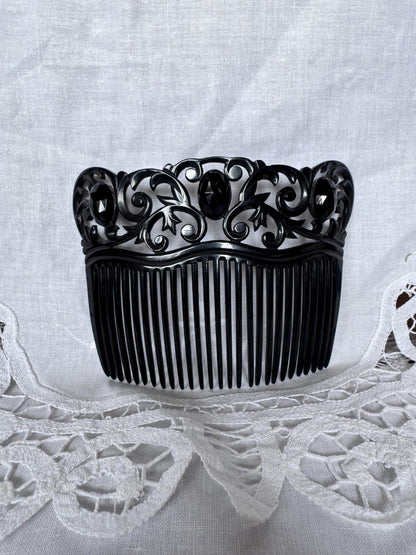 Antique 1930s Jet Celluloid Hair Comb | Openwork Scrollwork Crown
