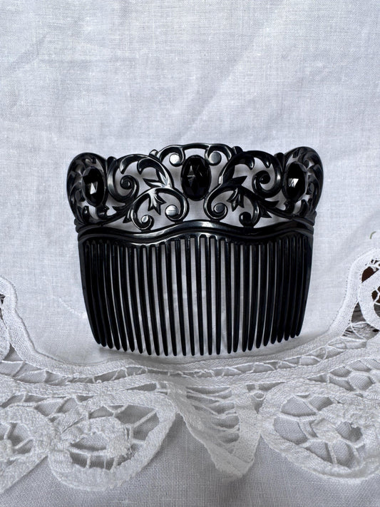 Antique 1930s Jet Celluloid Hair Comb | Openwork Scrollwork Crown