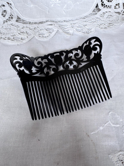 Antique 1930s Jet Celluloid Hair Comb | Openwork Scrollwork Crown