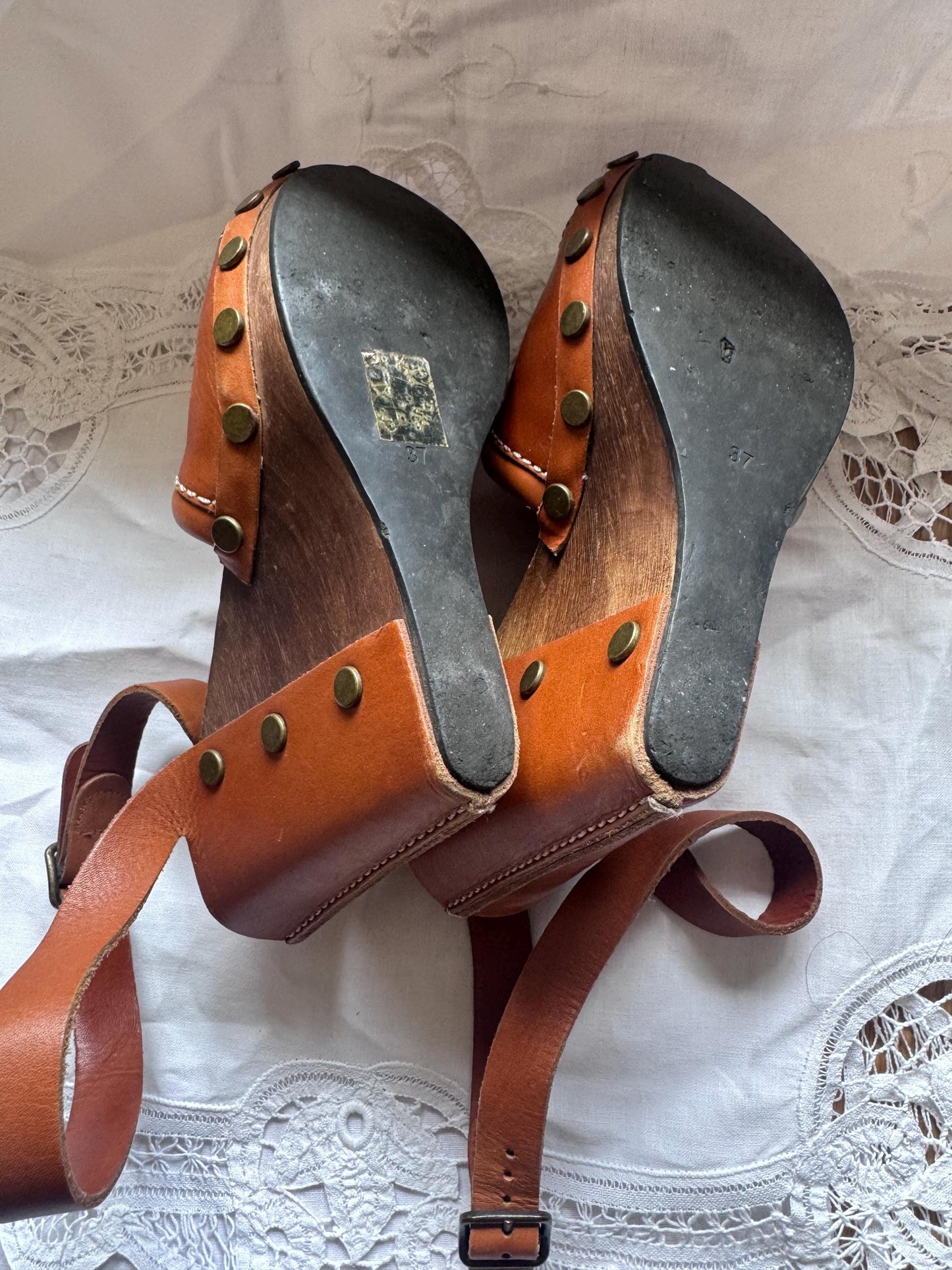 See By Chloé Y2K Wood Wedge Clogs w/ Brass Studs