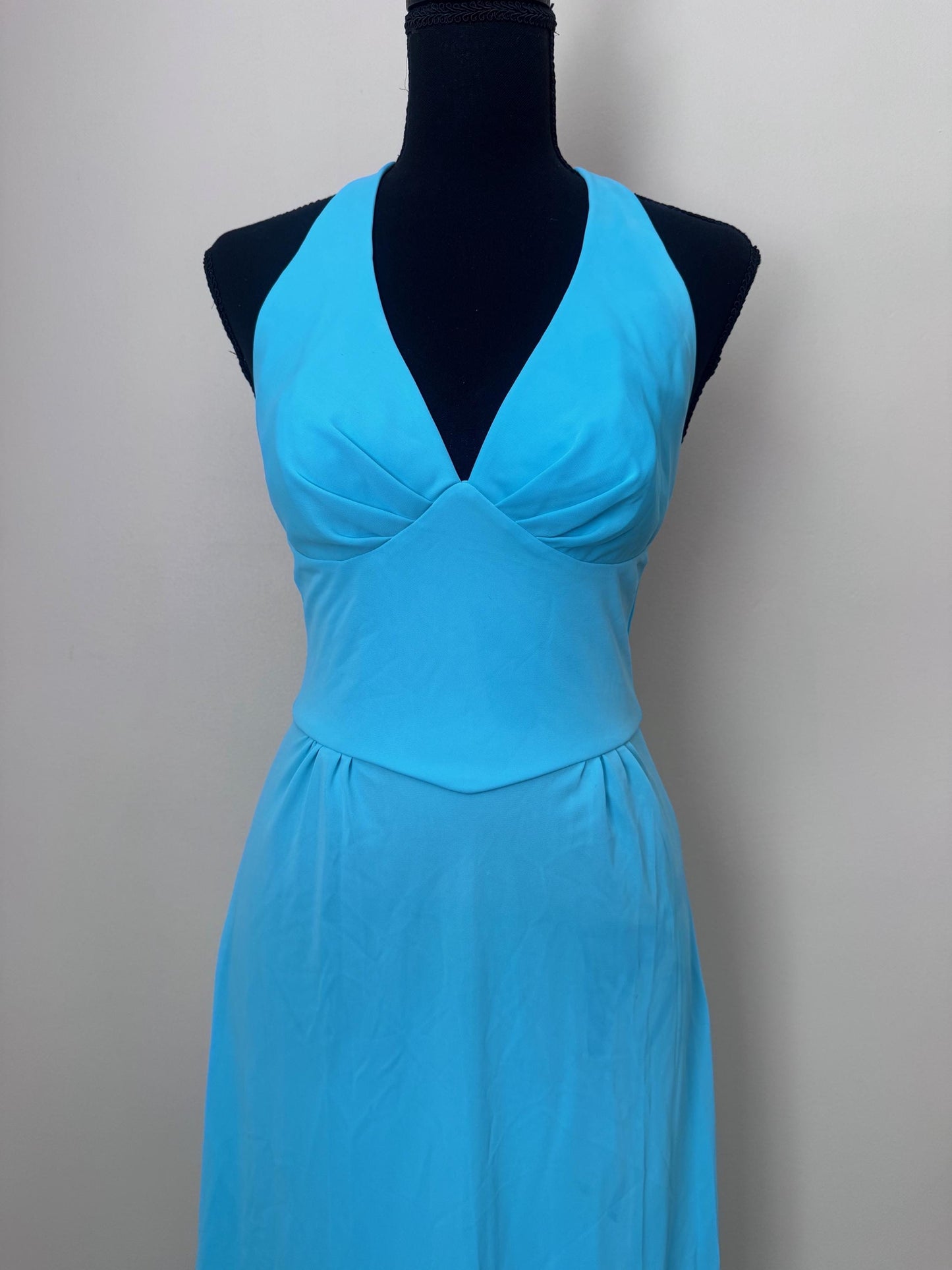 Vintage 1970s Sky Blue Halter Maxi Disco Goddess Gown