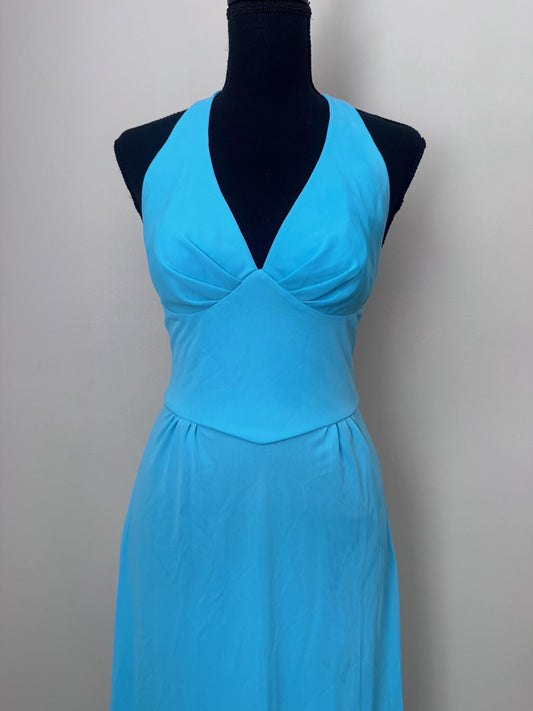 Vintage 1970s Sky Blue Halter Maxi Disco Goddess Gown