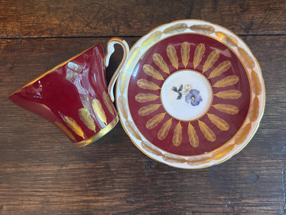 Royal Albert Burgundy Teacup & Saucer with Gold Feather Motif