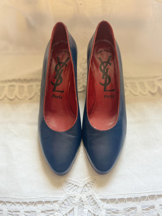 1980s YSL Navy Leather Pumps