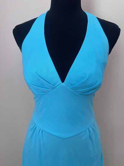Vintage 1970s Sky Blue Halter Maxi Disco Goddess Gown