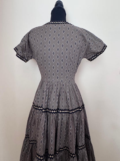 1950s Tiered Patio Dress with Black Gold Ricrac Trim