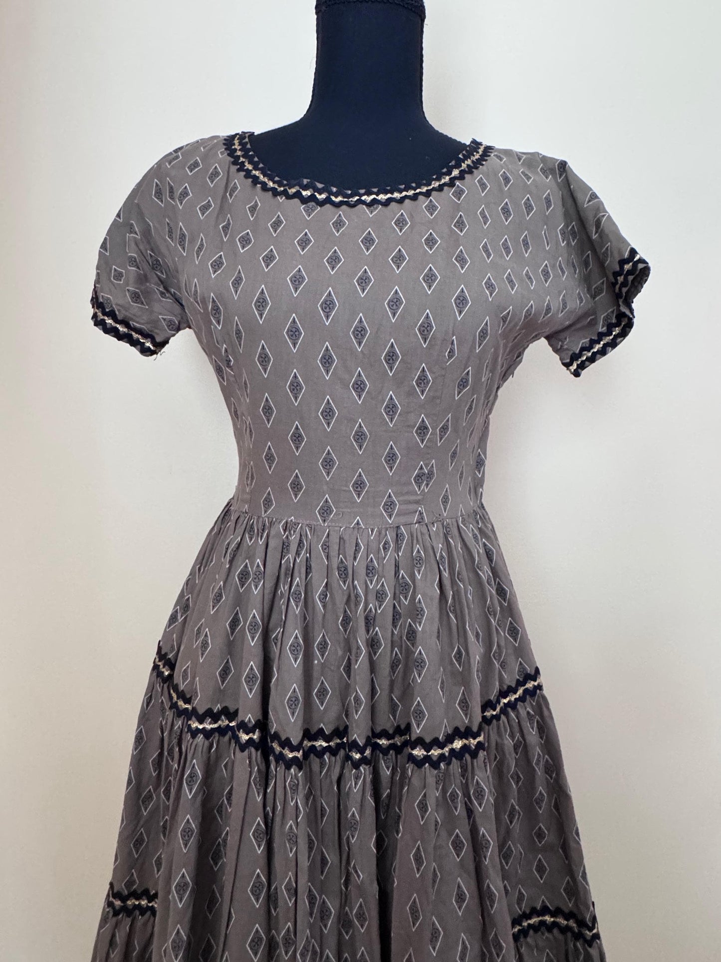 1950s Tiered Patio Dress with Black Gold Ricrac Trim