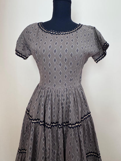 1950s Tiered Patio Dress with Black Gold Ricrac Trim