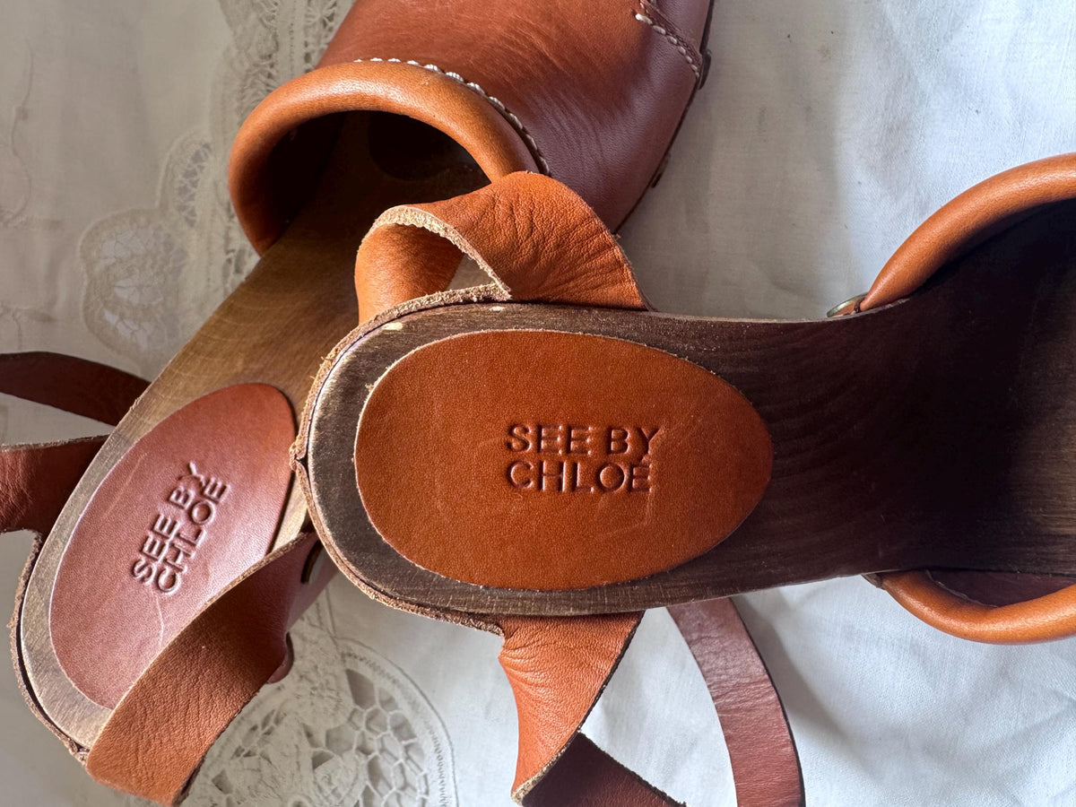 See By Chloé Y2K Wood Wedge Clogs w/ Brass Studs