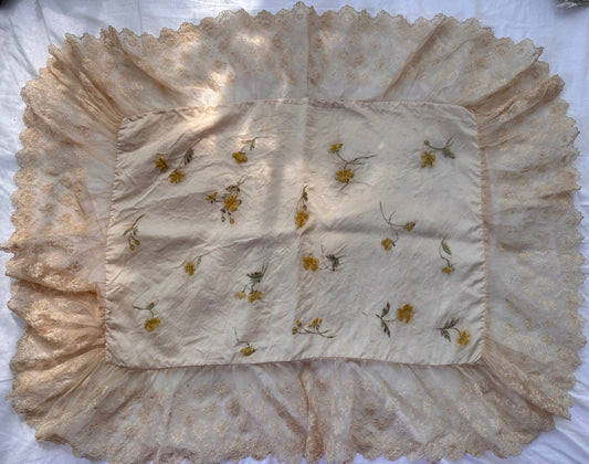 Antique Silk and Lace Pillow Case w/ Hand Painted Flowers