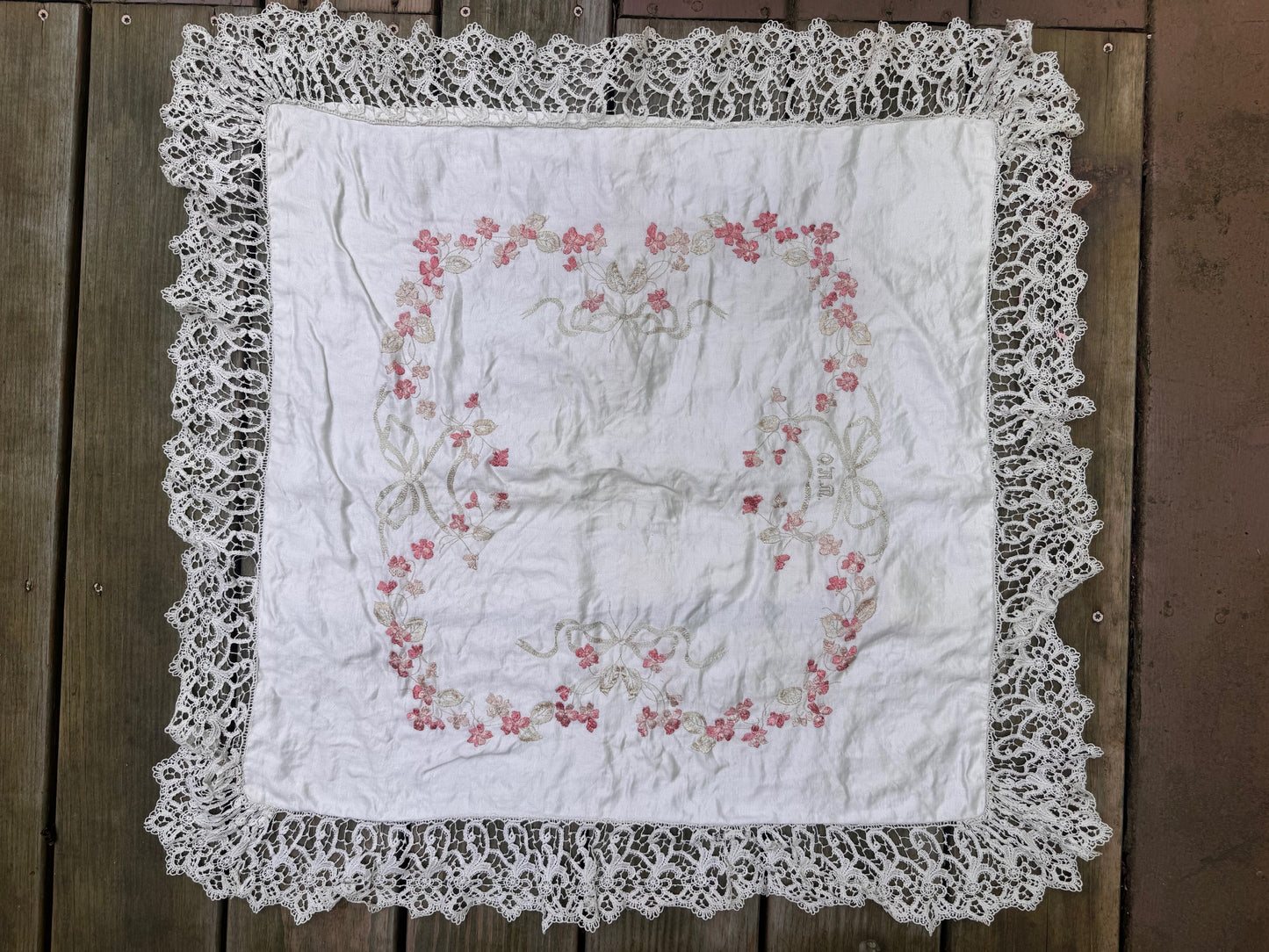 Antique Silk and Lace Embroidered Pillow Sham