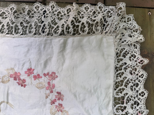 Antique Silk and Lace Embroidered Pillow Sham