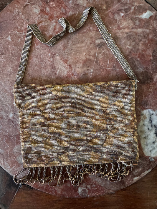 Antique Early 20th century Micro Bead Fringe Metallic Bag