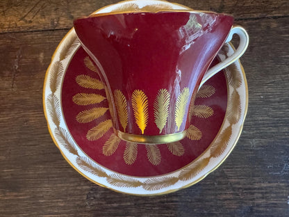 Royal Albert Burgundy Teacup & Saucer with Gold Feather Motif