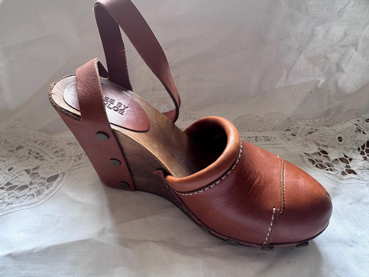 See By Chloé Y2K Wood Wedge Clogs w/ Brass Studs