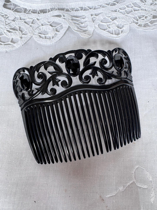 Antique 1930s Jet Celluloid Hair Comb | Openwork Scrollwork Crown