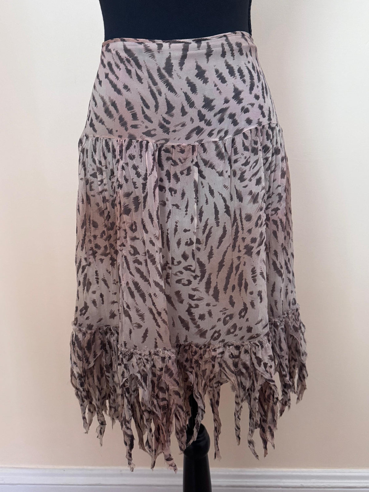 Blumarine Blugirl Y2K Silk Leopard Print Skirt with Shredded Fringe Hem
