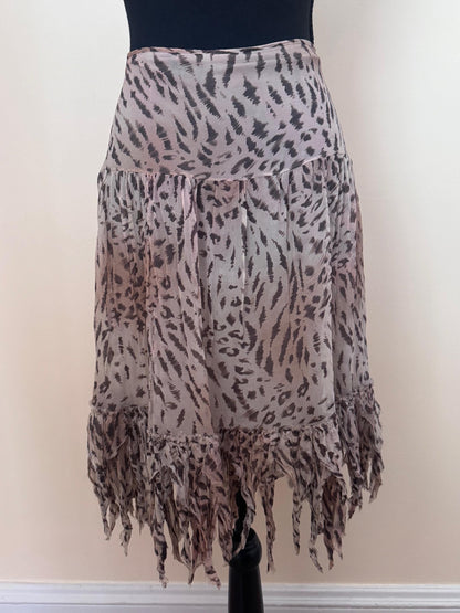 Blumarine Blugirl Y2K Silk Leopard Print Skirt with Shredded Fringe Hem