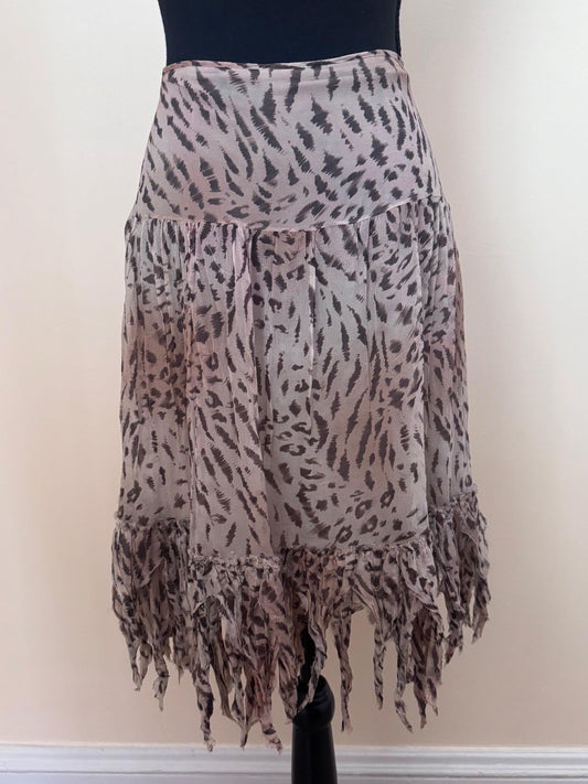 Blumarine Blugirl Y2K Silk Leopard Print Skirt with Shredded Fringe Hem
