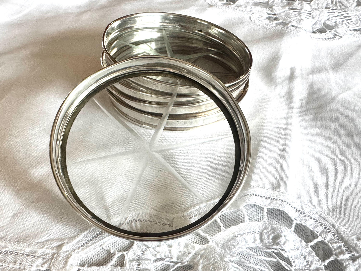 Set of 5 Sterling Silver & Cut Glass Coasters