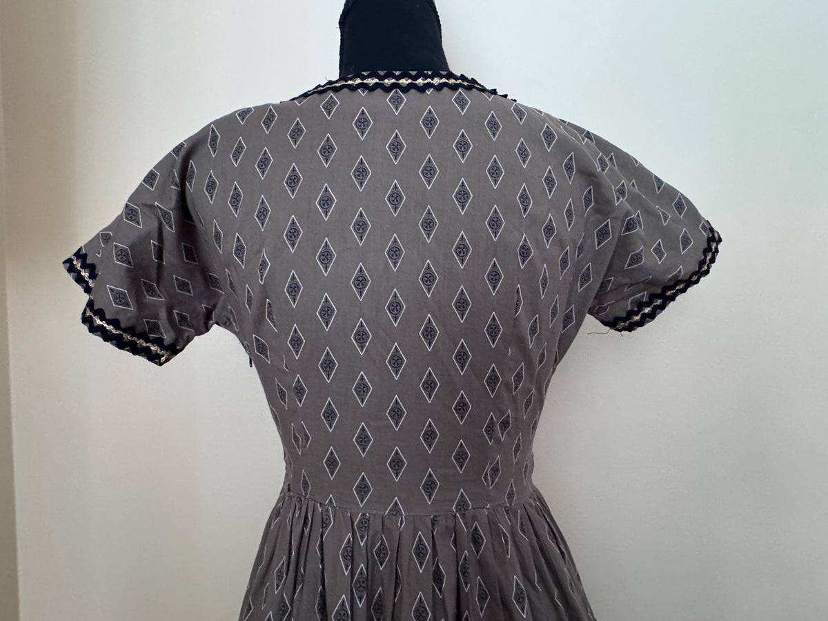 1950s Tiered Patio Dress with Black Gold Ricrac Trim