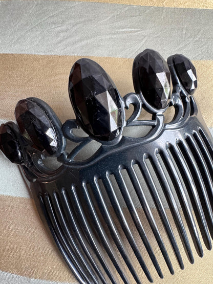 Antique Victorian Mourning Hair Comb | Black Jet Stone Crown