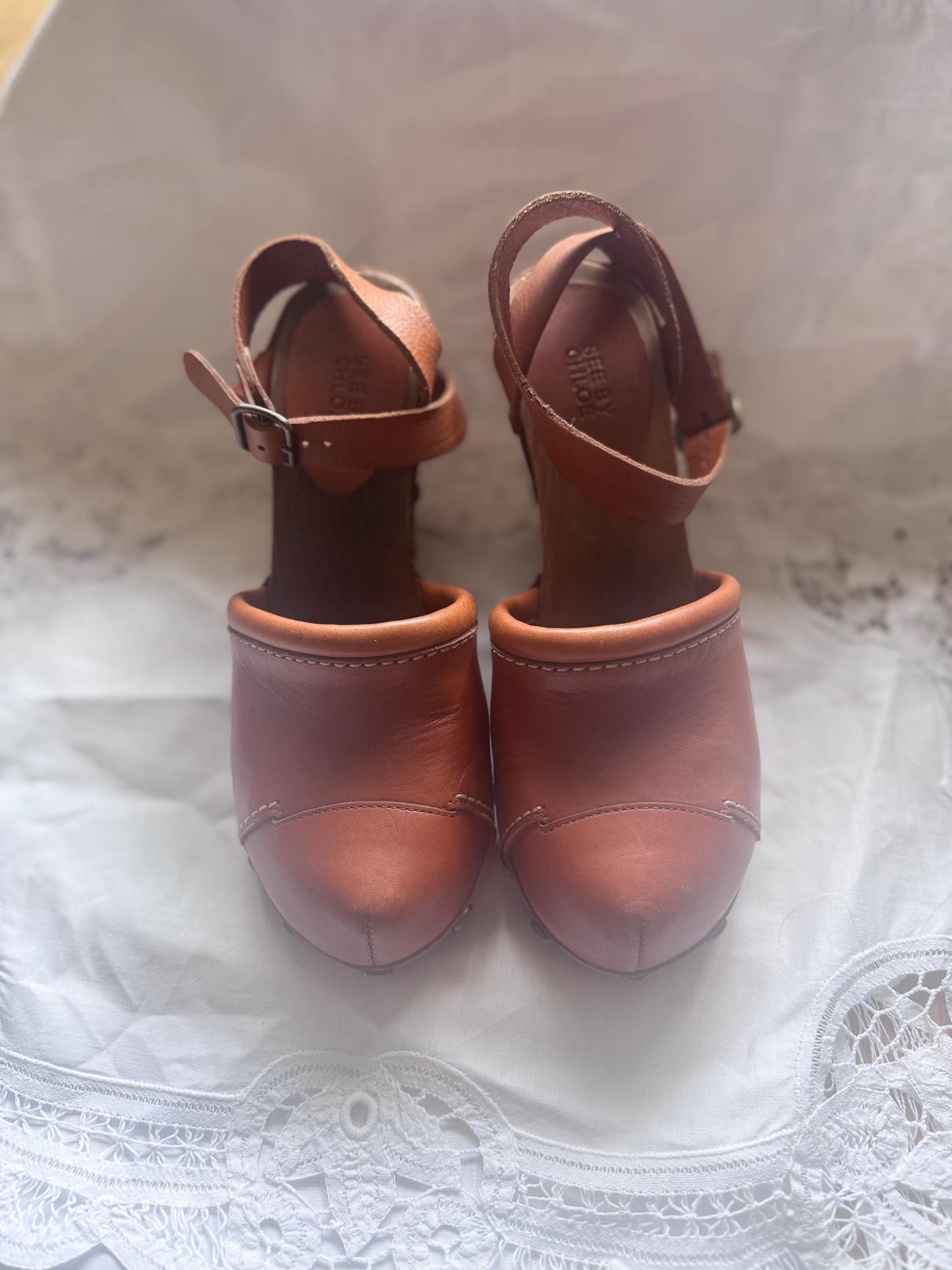 See By Chloé Y2K Wood Wedge Clogs w/ Brass Studs