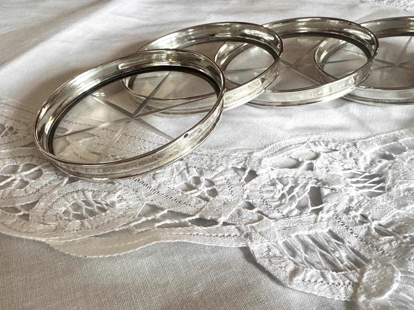 Set of 5 Sterling Silver & Cut Glass Coasters