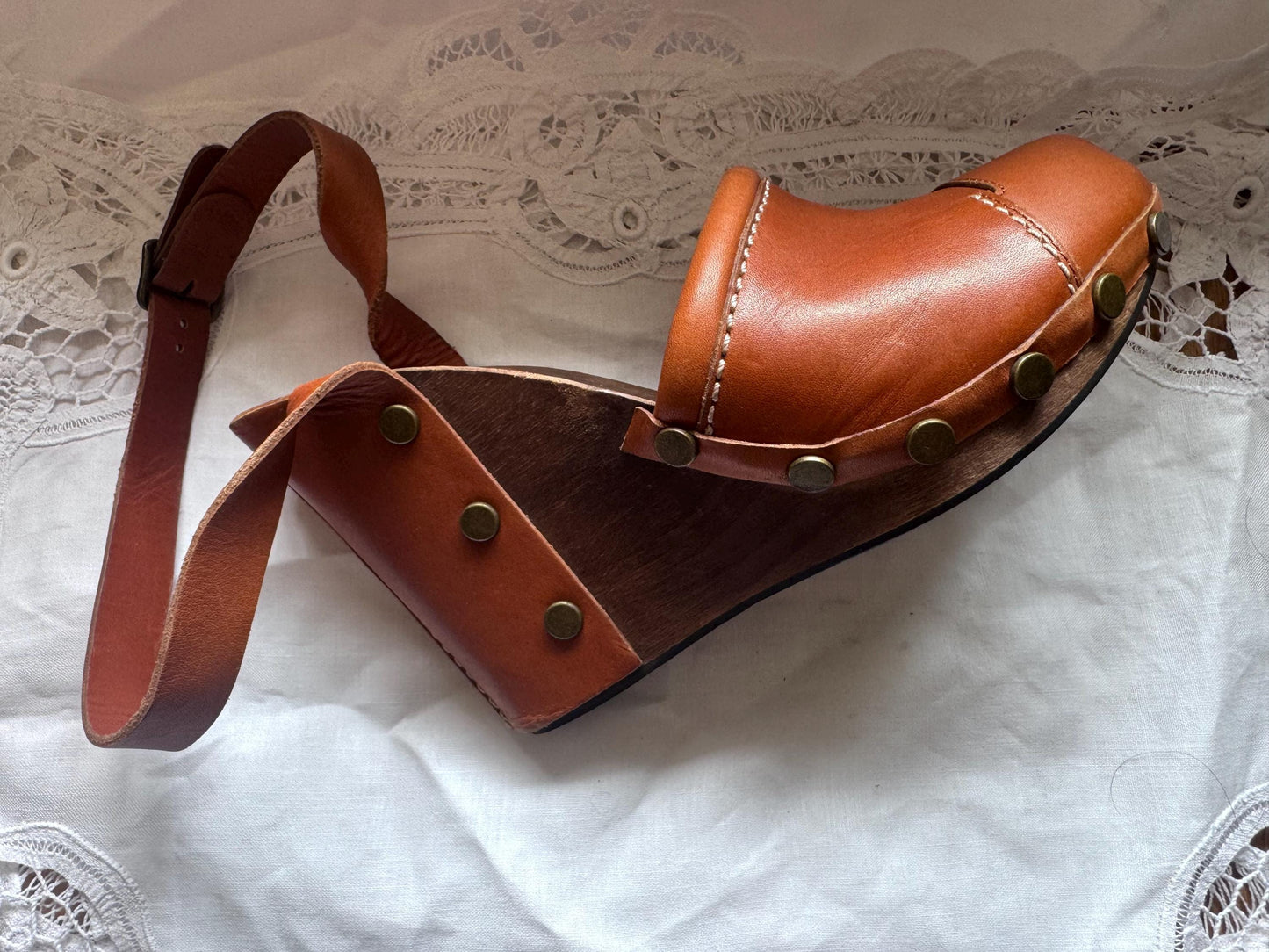 See By Chloé Y2K Wood Wedge Clogs w/ Brass Studs