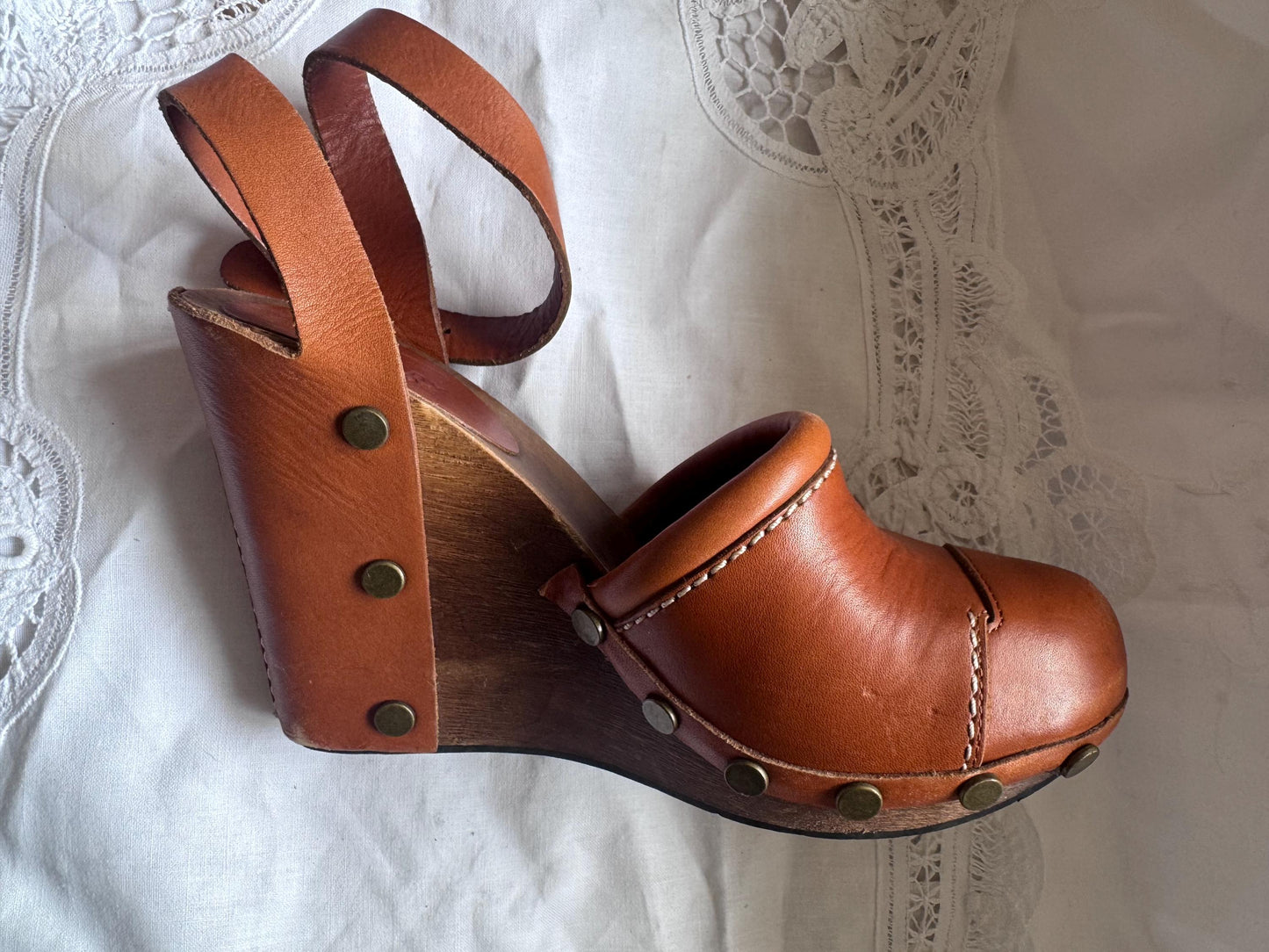 See By Chloé Y2K Wood Wedge Clogs w/ Brass Studs