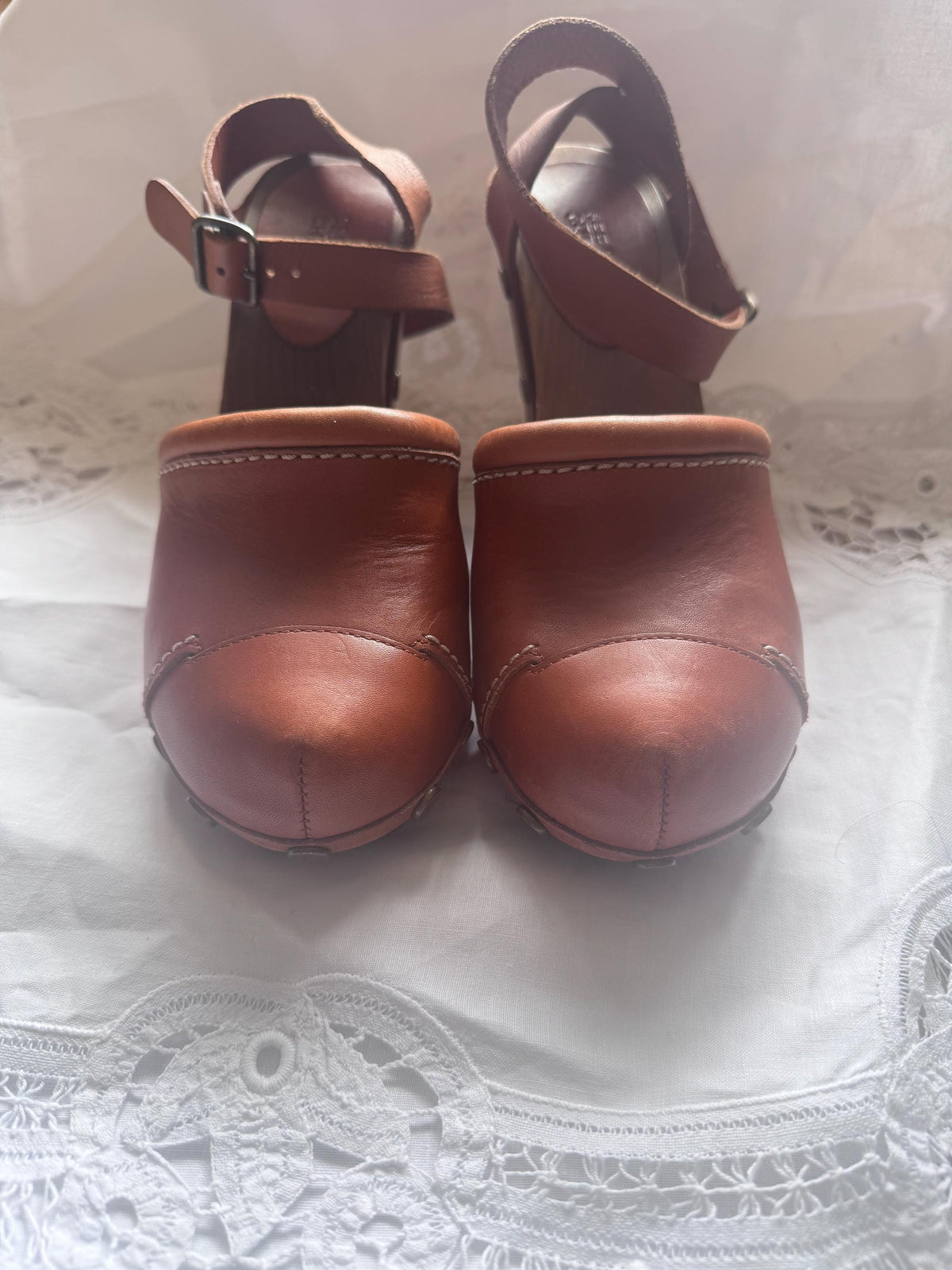 See By Chloé Y2K Wood Wedge Clogs w/ Brass Studs