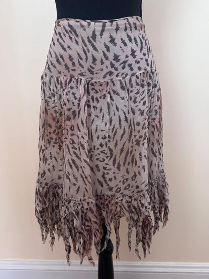Blumarine Blugirl Y2K Silk Leopard Print Skirt with Shredded Fringe Hem